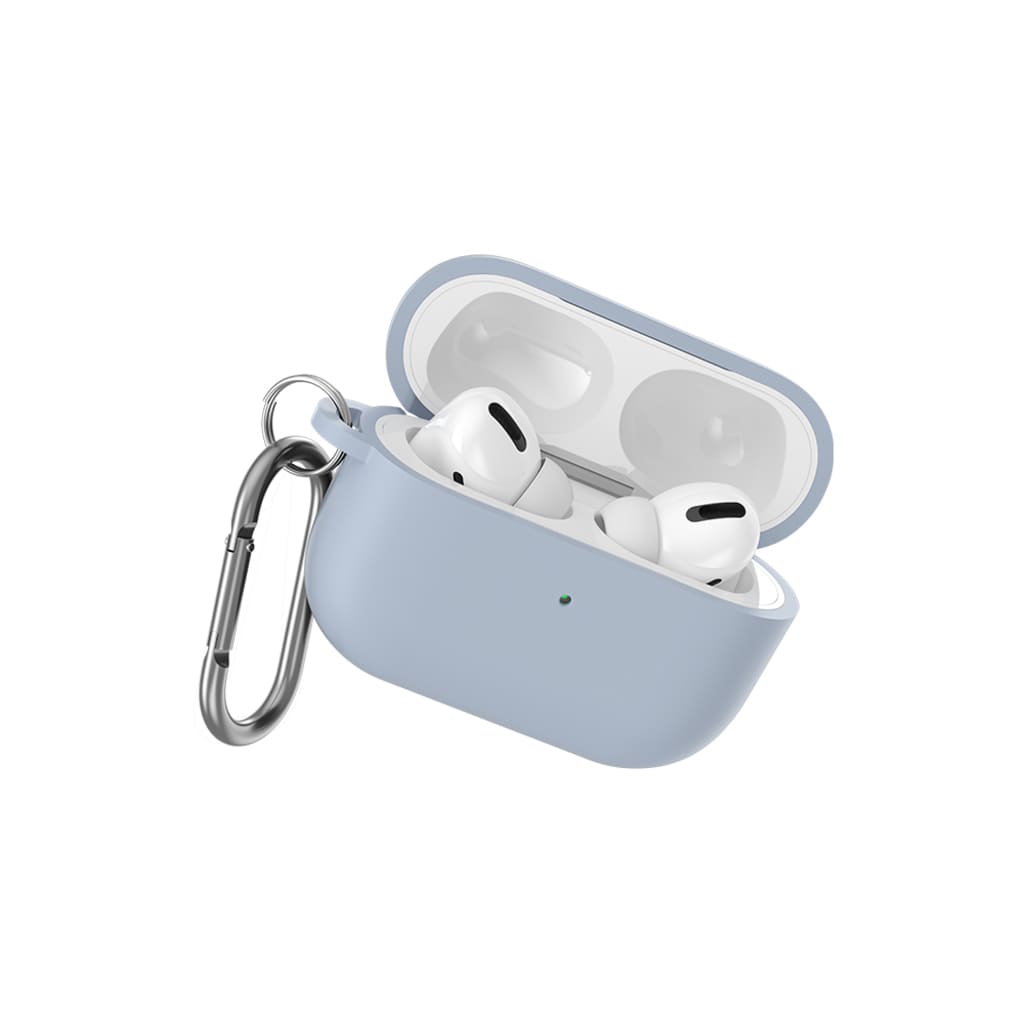 Light blue AirPods case with white AirPods and silver carabiner on a white background
