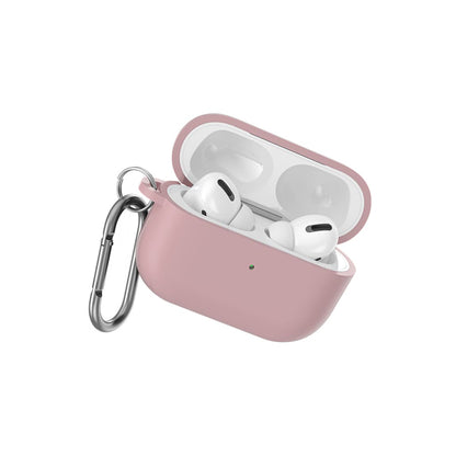 Pink AirPods case with keychain on a white background