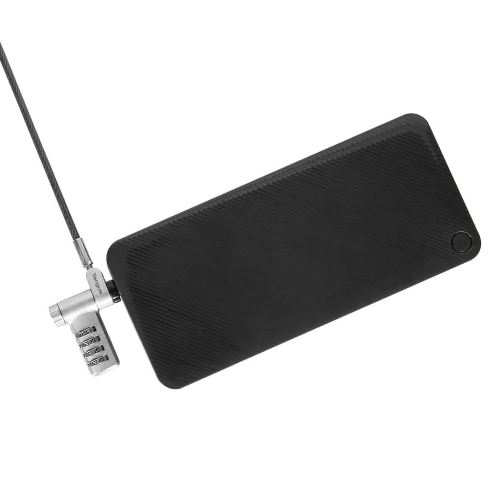 Black rectangular device with a combination lock on a white background