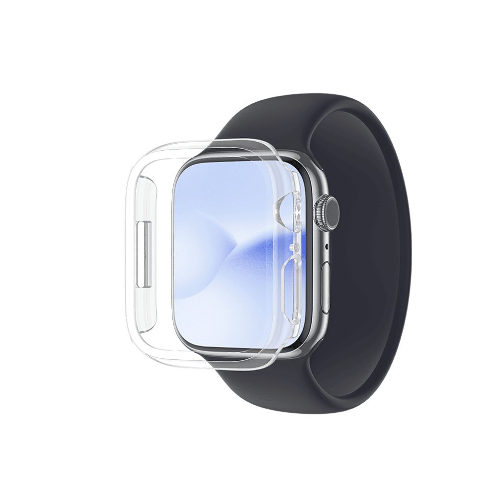 Smartwatch with a black band and clear protective case on a white background