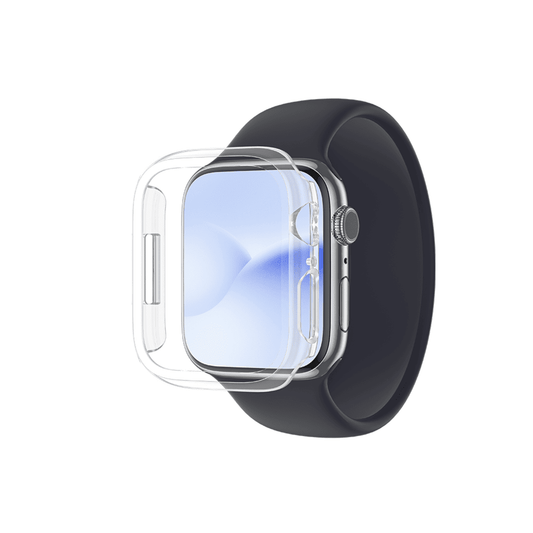 Smartwatch with a black band and clear protective case on a white background