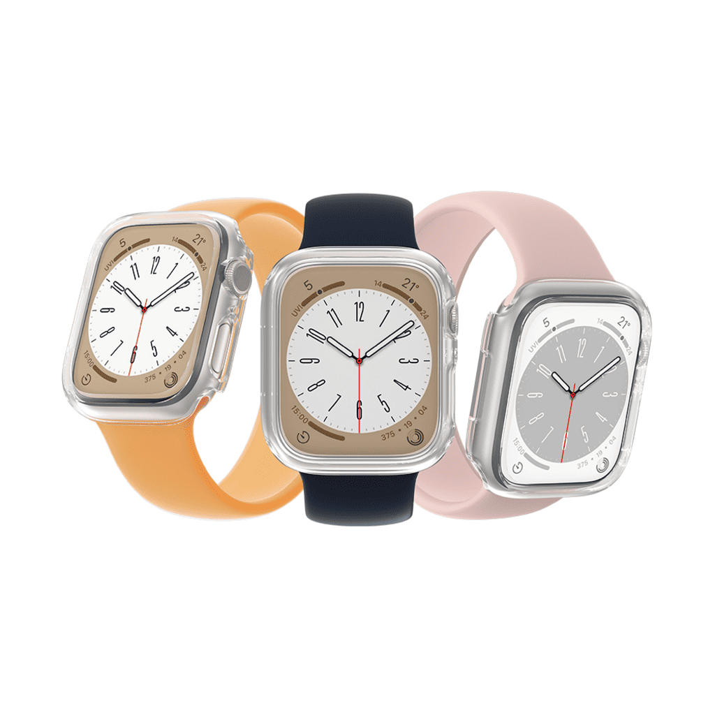 Three smartwatches with different colored bands on a white background