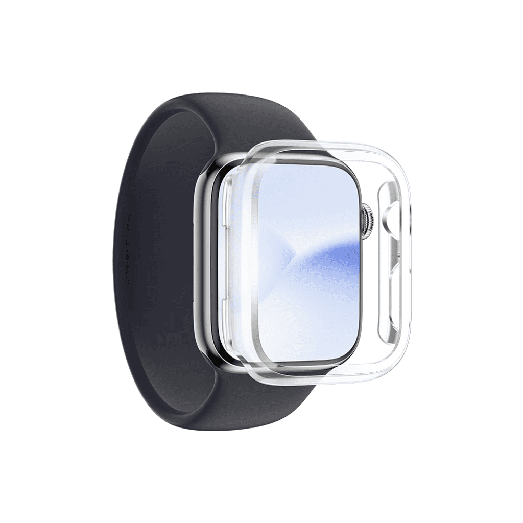 Smartwatch with a black band and clear case on a white background
