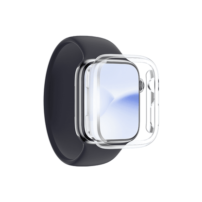 Smartwatch with a black band and clear case on a white background