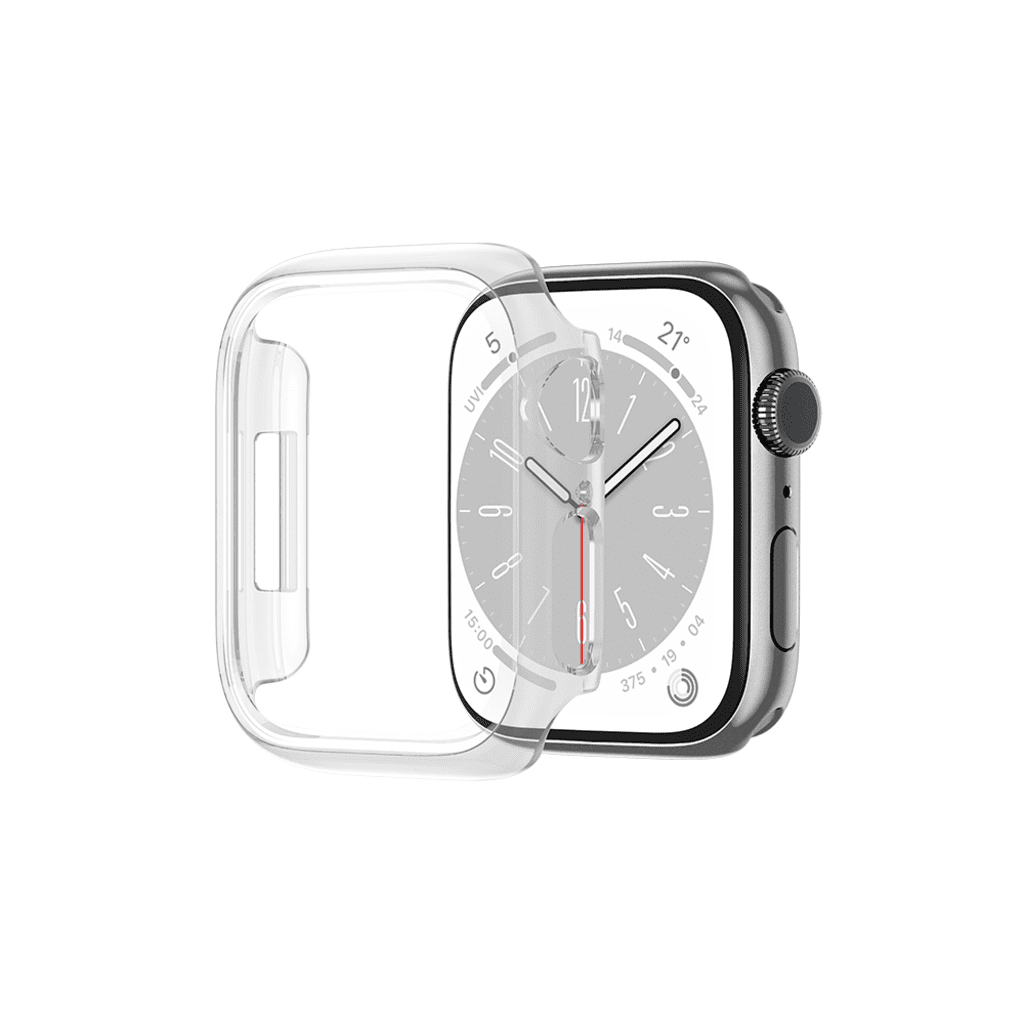 Smartwatch with a clear protective case on a white background