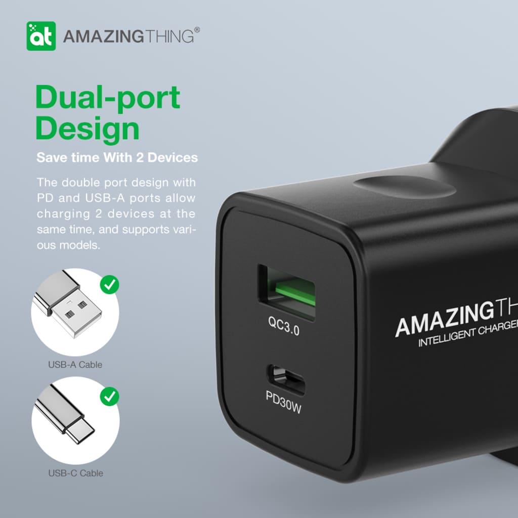 Black charging adapter with dual ports and 'Amazing Thing' branding on a light gray background