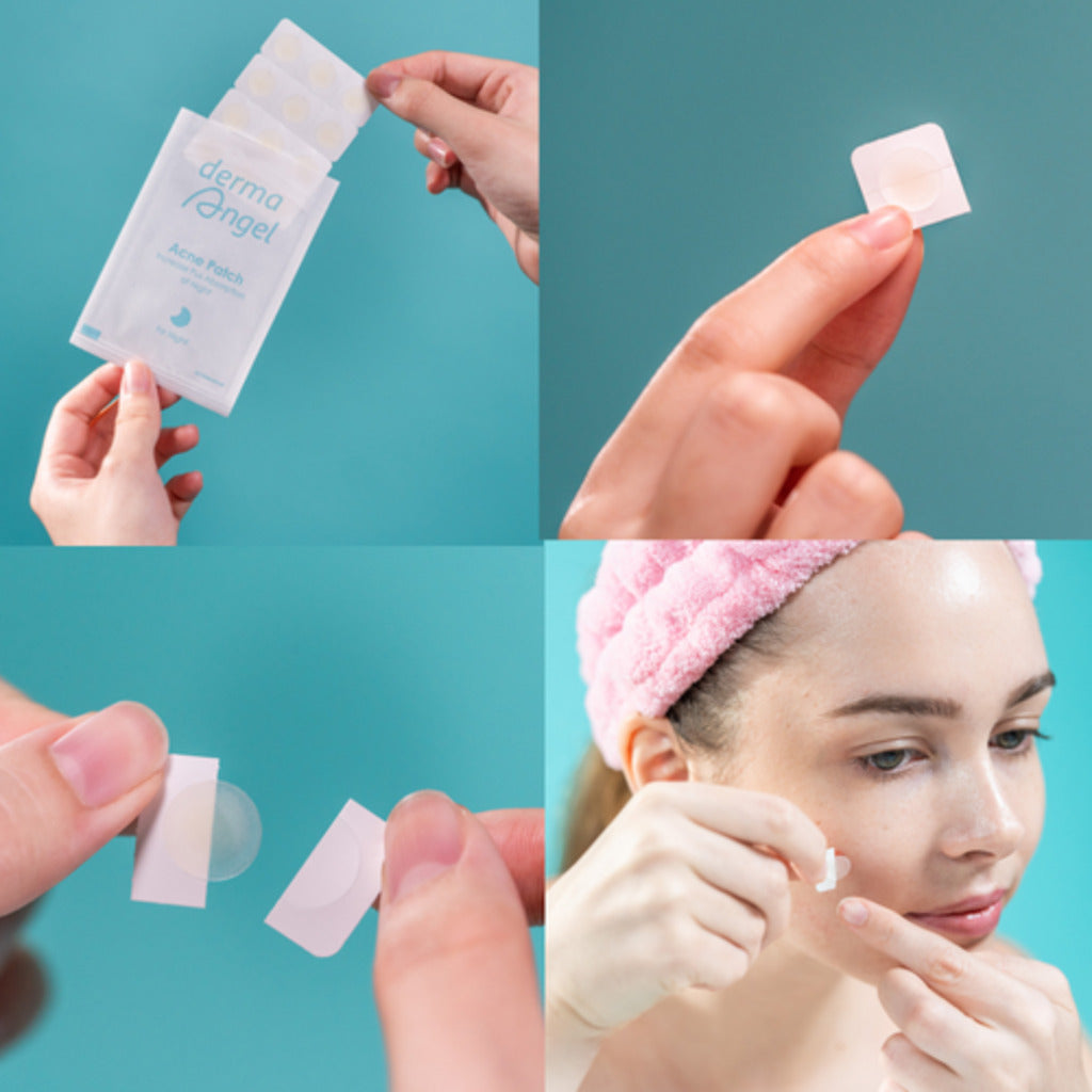 Collage of steps showing a person applying patches with 'derma' onet packaging.