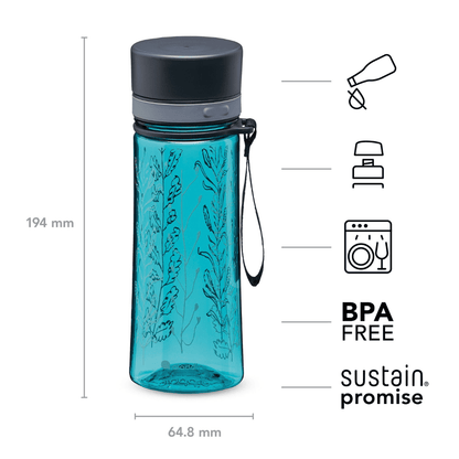 Blue water bottle with black lid and measurement details on a white background