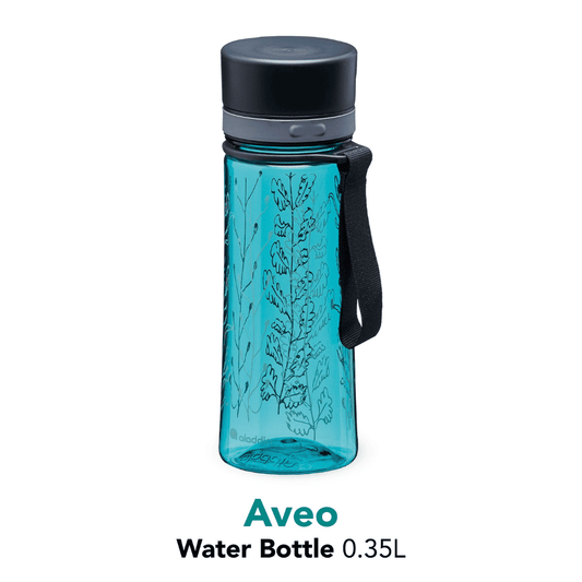 Blue water bottle with black lid and handle on a white background, featuring the Aveo brand.