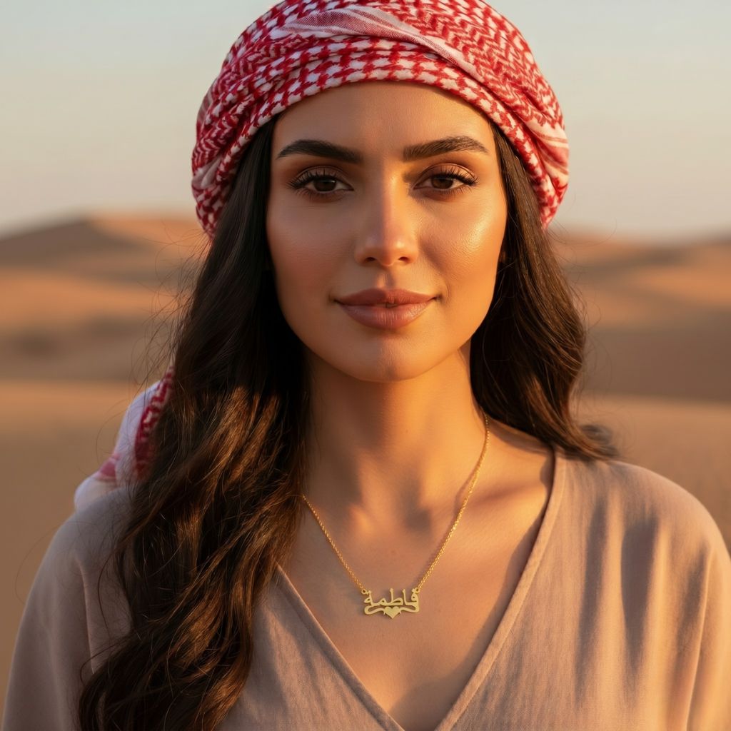 Woman wearing a red and white checkered headscarf with a desert landscape in the background