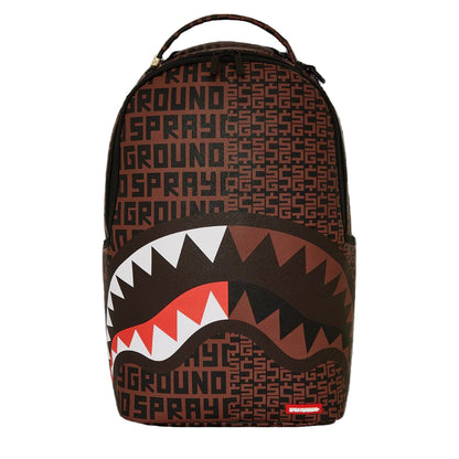 Backpack with a shark mouth design and 'Ground Spray' text on a black background