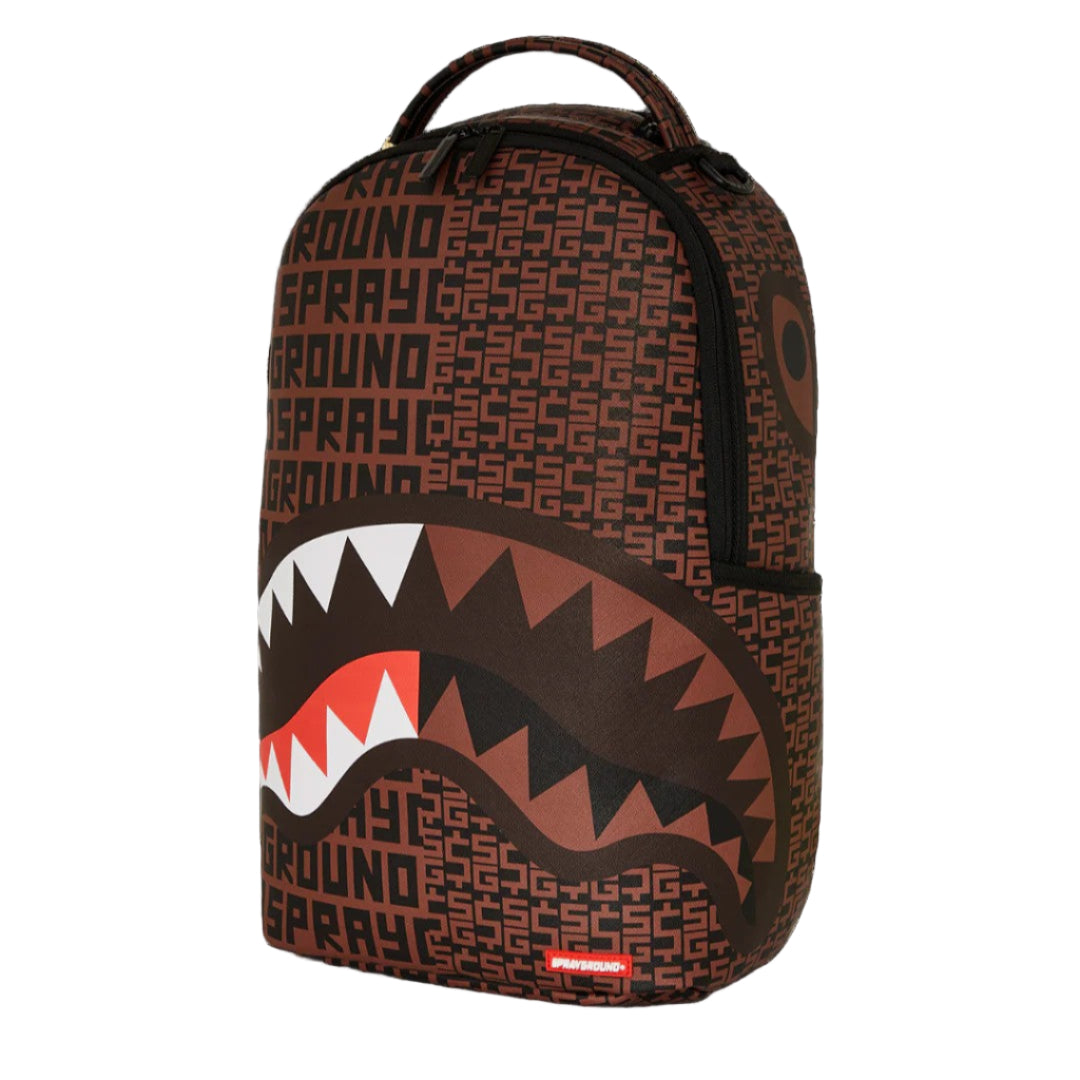 Backpack with shark mouth design and 'Sprayground' branding on a black background
