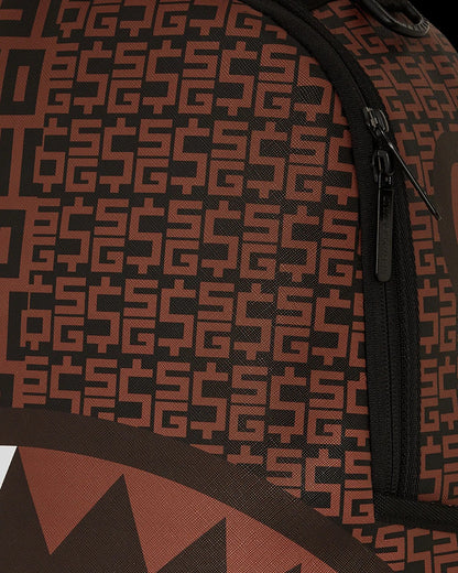Close-up of a backpack with a geometric pattern on a brown background