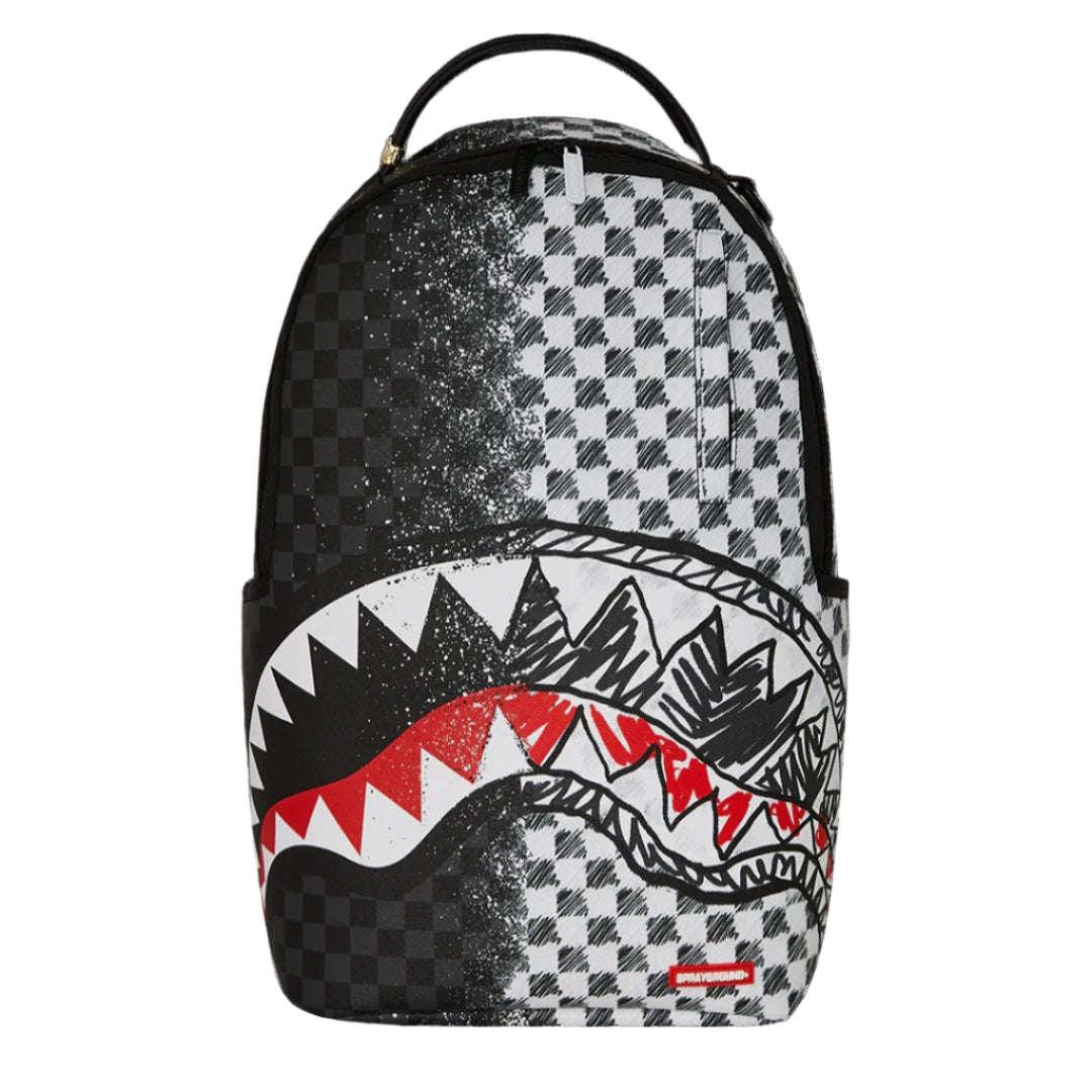 Backpack with checkered pattern and shark mouth design on a black background