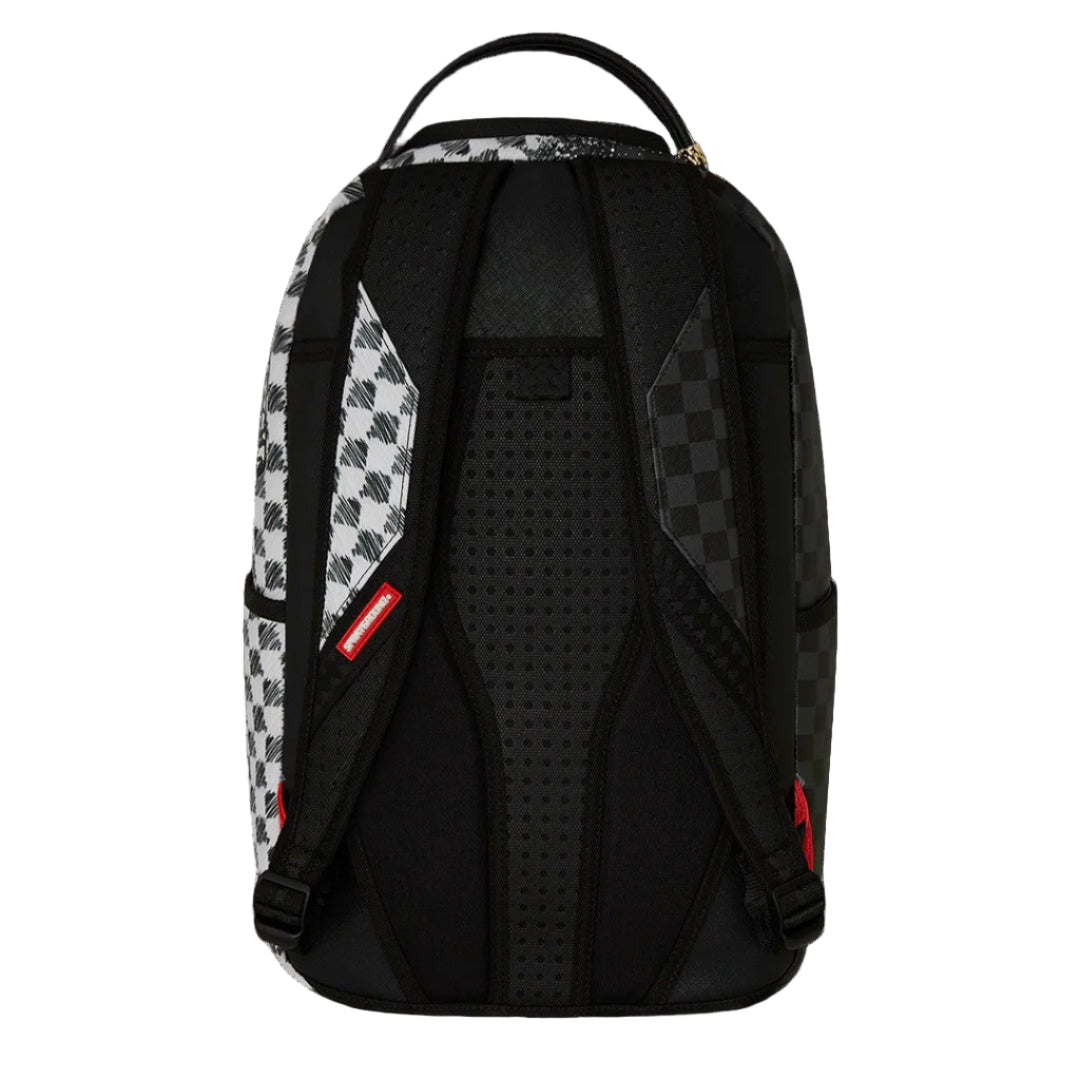 Black backpack with checkered pattern on a black background