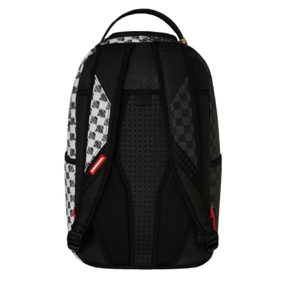 Black backpack with checkered pattern on a black background