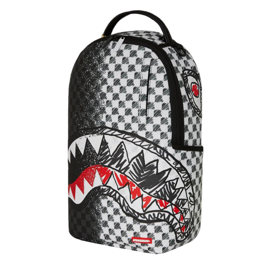 Backpack with shark design and checkered pattern on a black background
