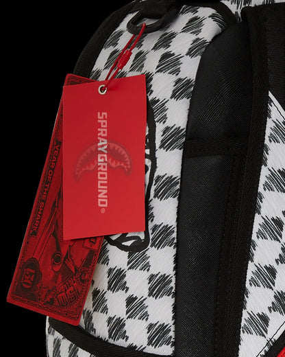 Backpack with a red Sprayground tag on a black background