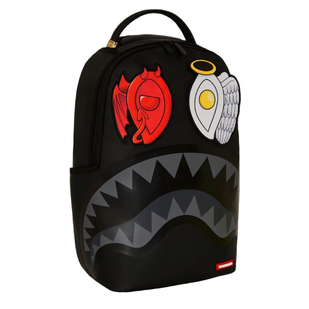 Black backpack with colorful designs on a black background