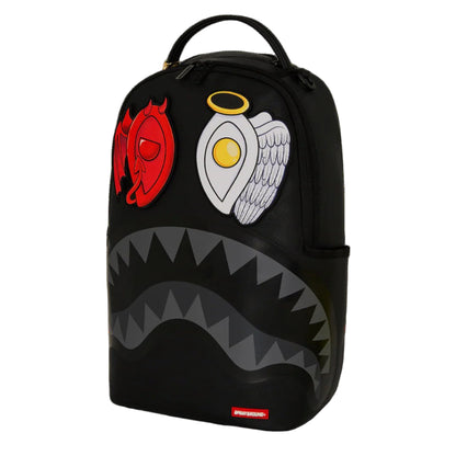 Black backpack with angel and devil designs on a black background