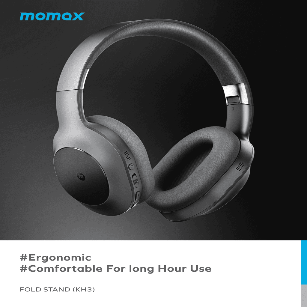 Gray headphones with ergonomic design on a dark background, featuring the Momax brand.