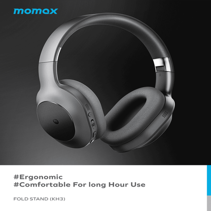 Gray headphones with ergonomic design on a dark background, featuring the Momax brand.