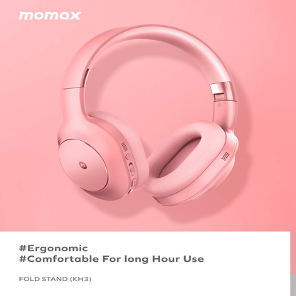 Pink headphones on a pink background with 'momax' branding.