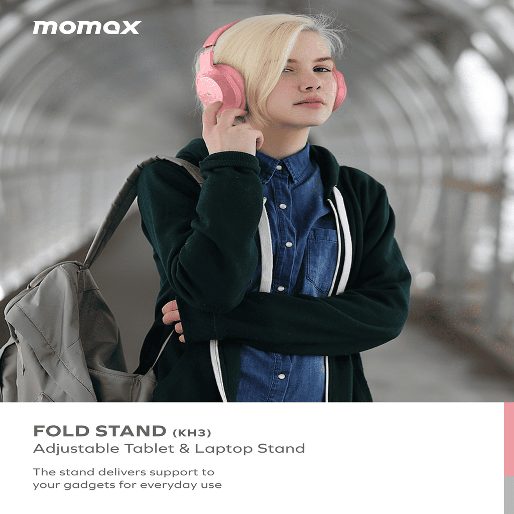Person wearing pink headphones with a backpack, featuring the Momax brand.