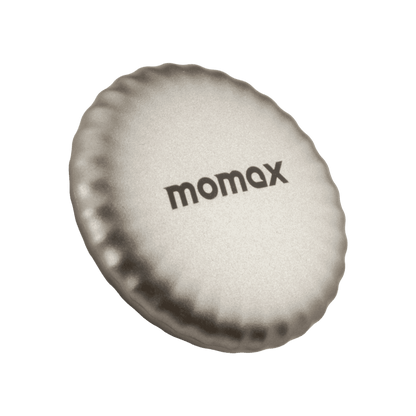 Round gray object with 'momax' branding on a transparent background