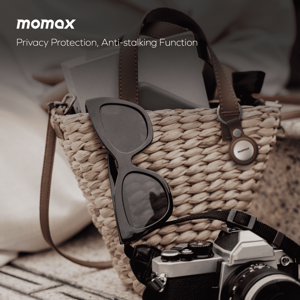 Woven handbag with sunglasses and camera, featuring Momax branding.
