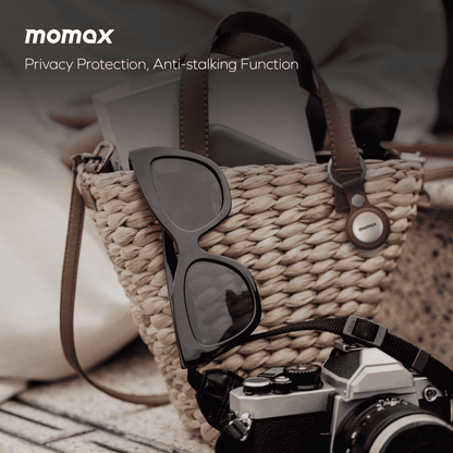 Woven handbag with sunglasses and camera, featuring Momax branding.