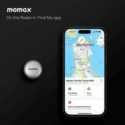 Momax tracker and smartphone with app interface on a black background