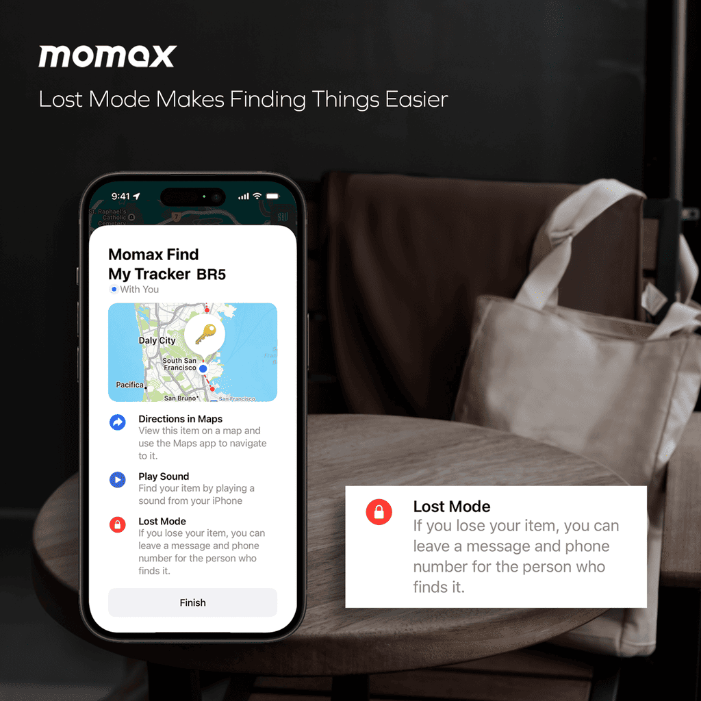 Smartphone displaying Momax app with a bag in the background