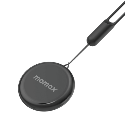 Black magnetic phone holder with 'momax' branding on a transparent background