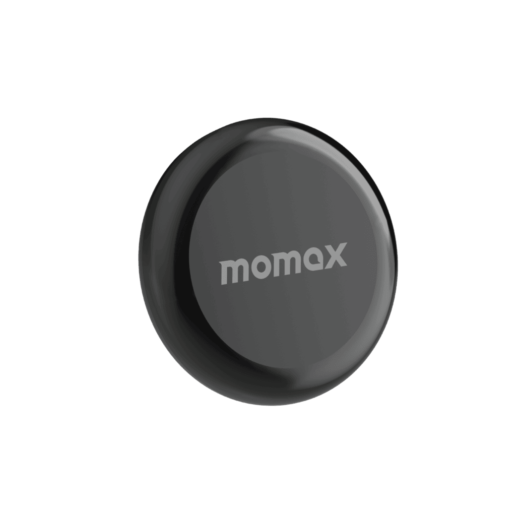 Black circular device with 'momax' branding on a transparent background