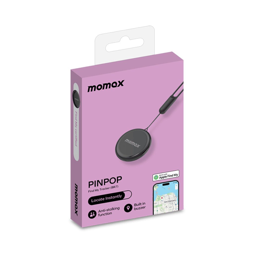 Purple packaging of momox PINPOP with product and branding details on a green background