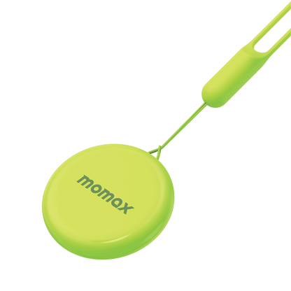 Green wireless charging pad with 'momax' branding on a green background