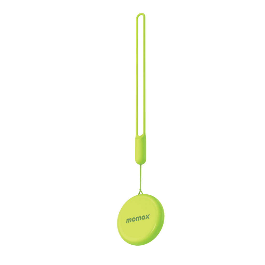Green portable charger with a strap on a green background