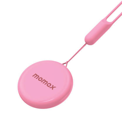 Pink portable charger with 'momax' branding on a transparent background