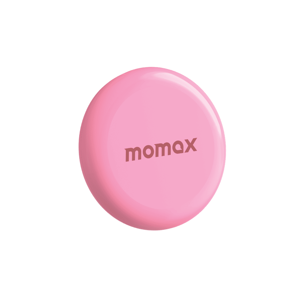 Pink round object with 'momax' branding on a transparent background