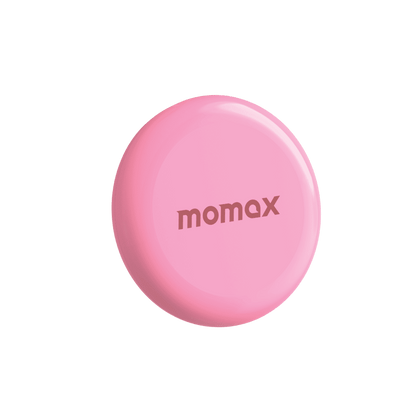 Pink round object with 'momax' branding on a transparent background