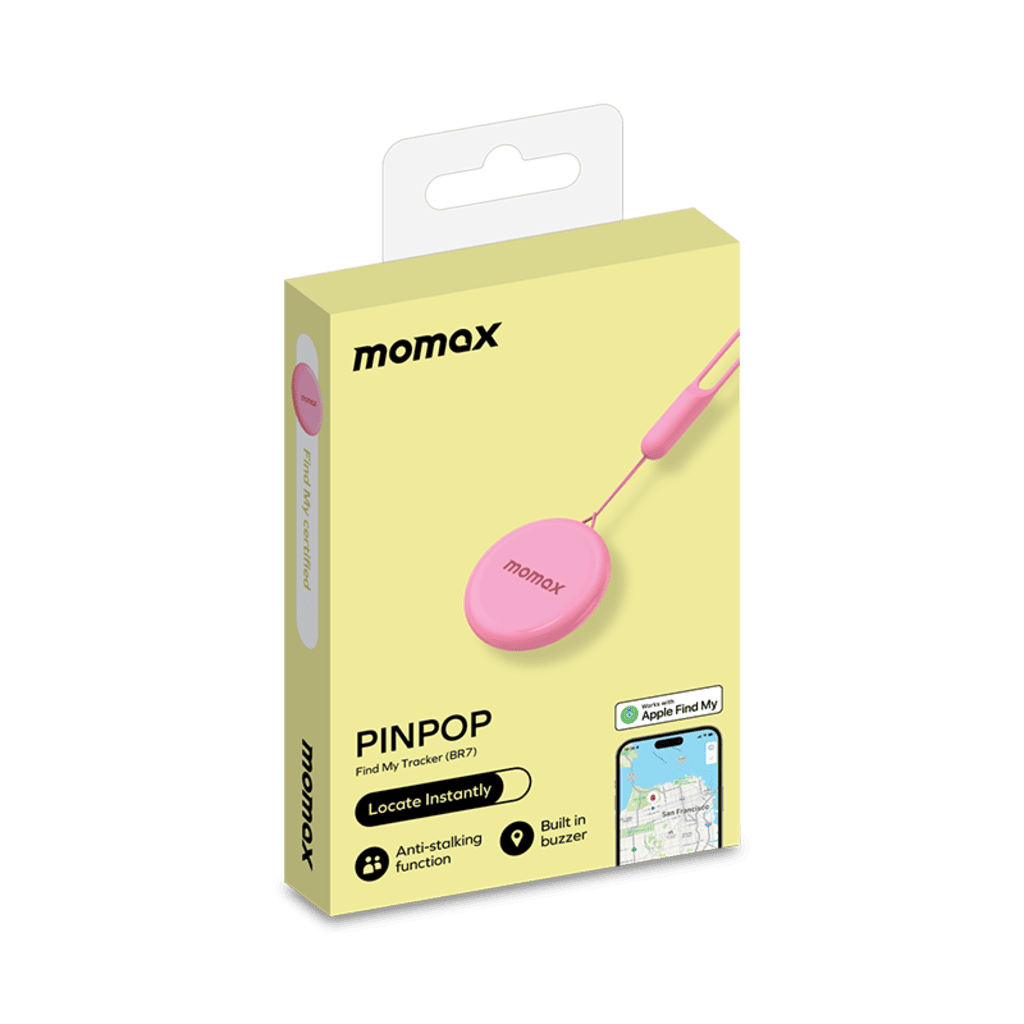 Momox Pinpop product packaging with pink device on a white background