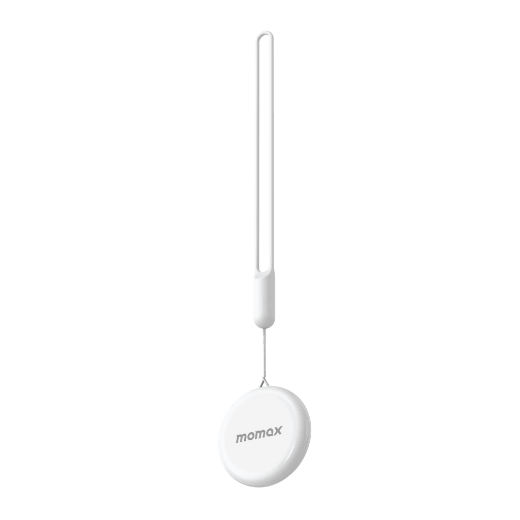 White portable charger with a hanging strap on a green background