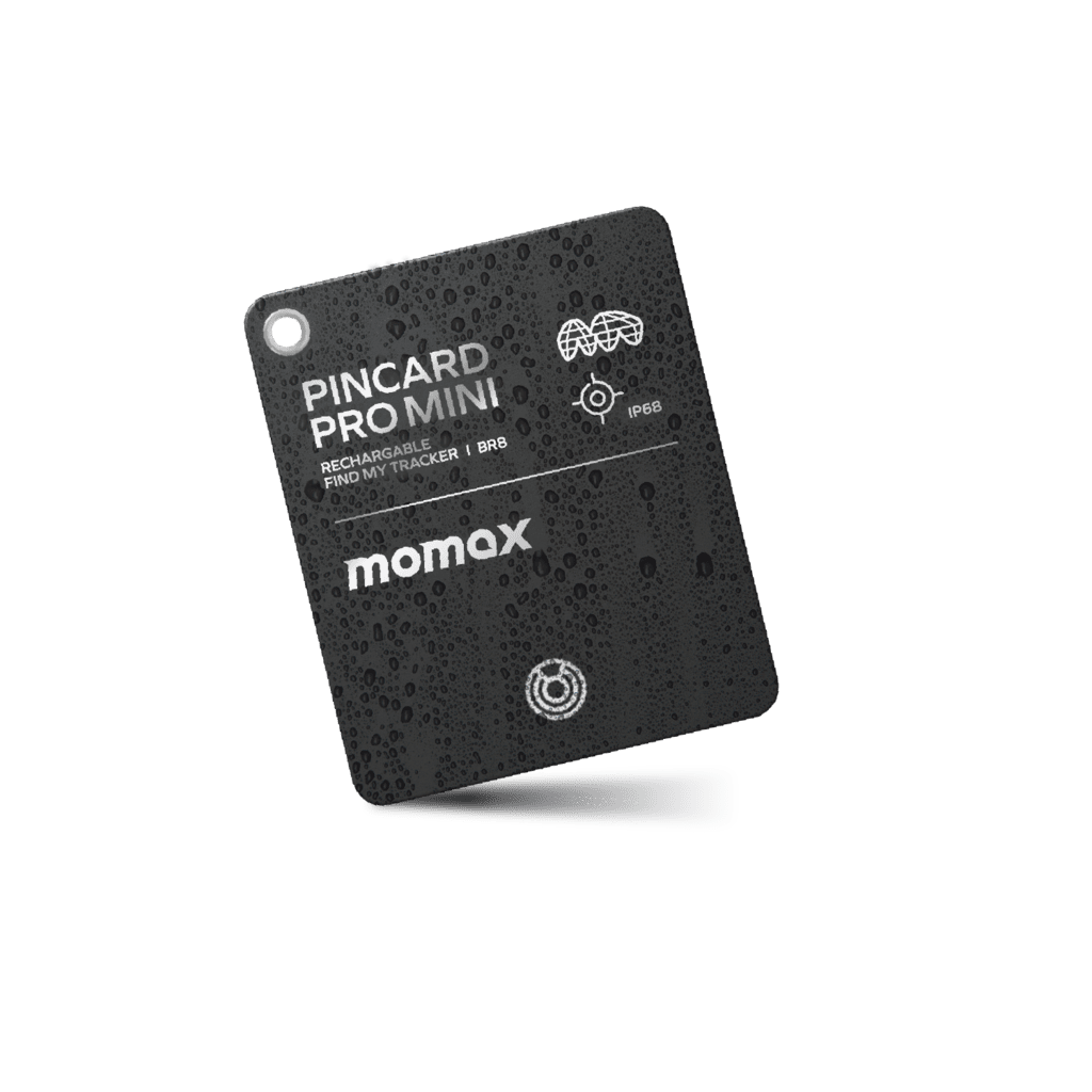 Black Pincard Pro Mini device with 'momax' branding on a green background