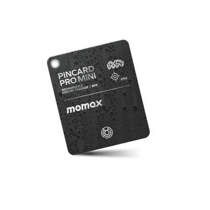 Black Pincard Pro Mini device with 'momax' branding on a green background