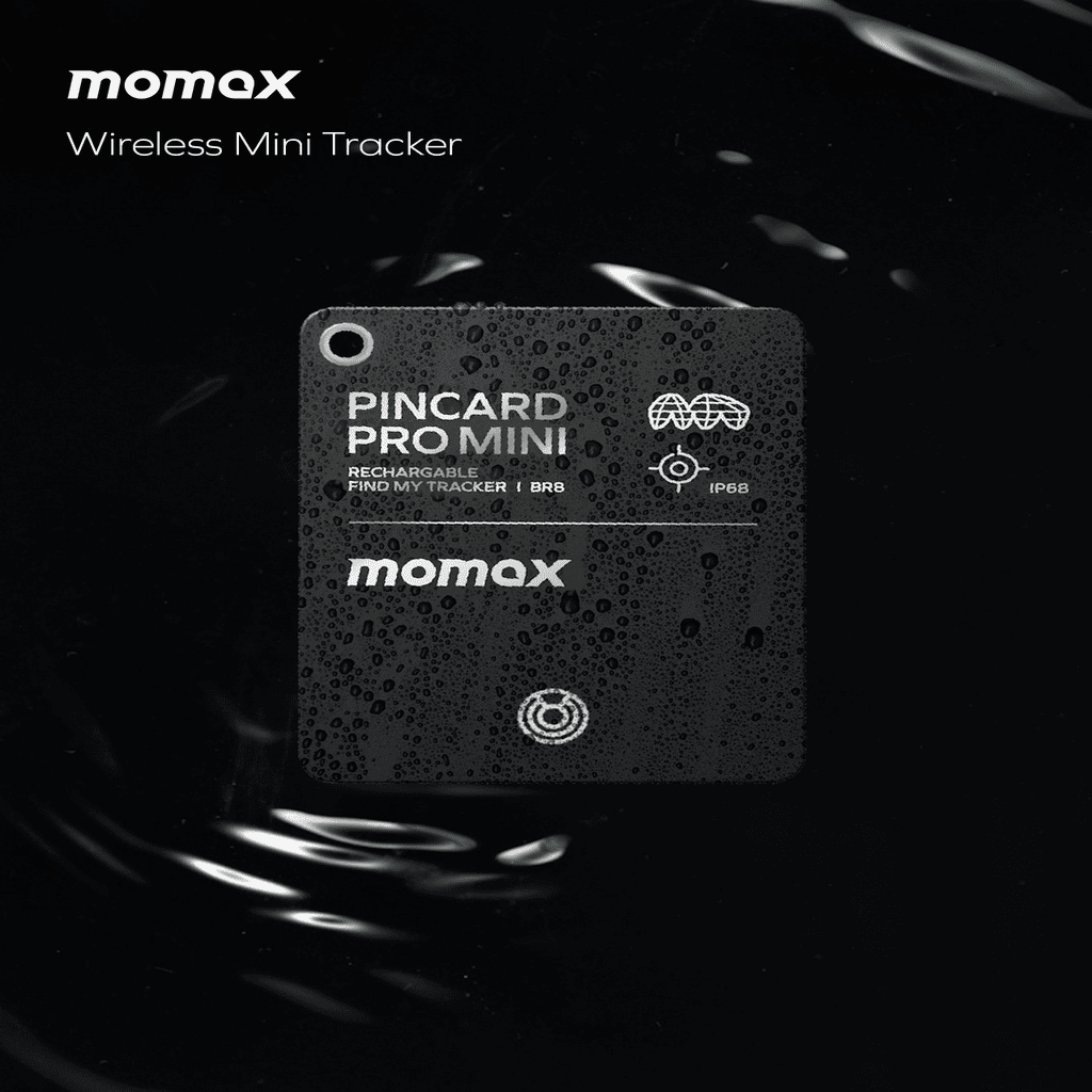 Wireless mini tracker with 'momax' branding on a dark background