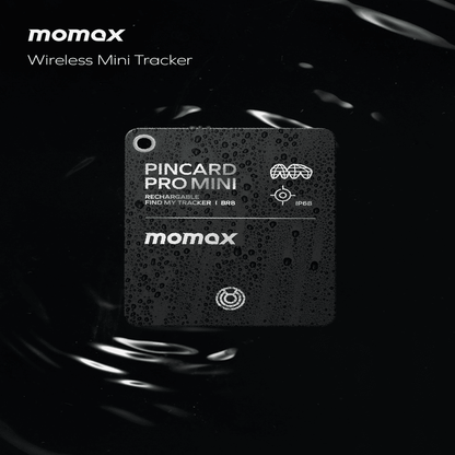 Wireless mini tracker with 'momax' branding on a dark background