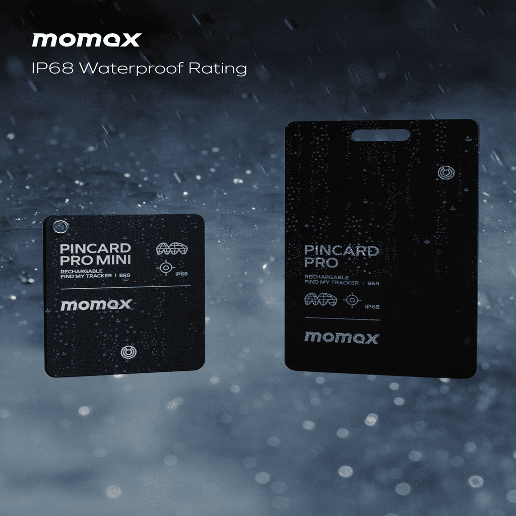 Two black devices labeled 'Pincard Pro Mini' and 'Pincard Pro' with Momax branding against a raindrop background.
