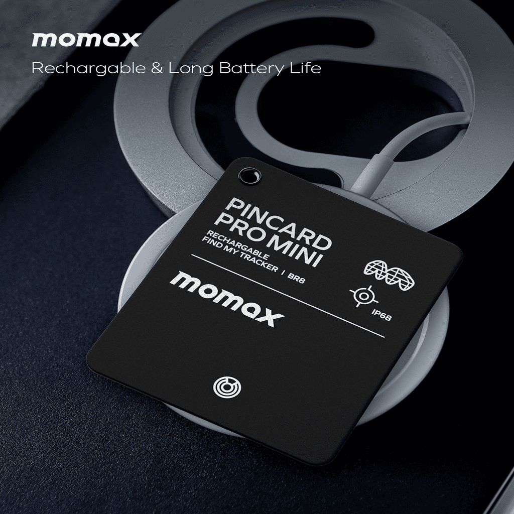 Momax Pincard Pro Mini device with branding and product details on a dark background