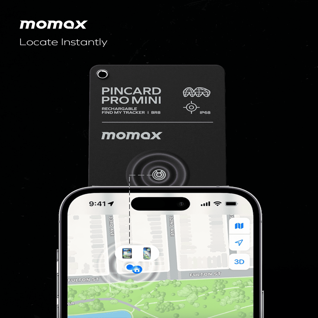 Momax PINCARE PROMINI tracker with smartphone displaying location app on a black background